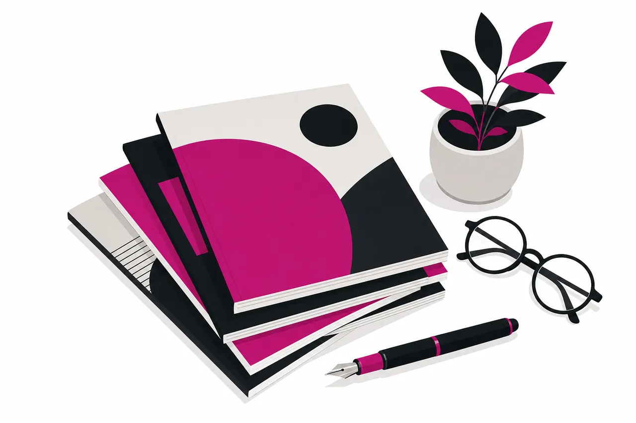 Illustrated stack of magazines, reading glasses and a flowering plant